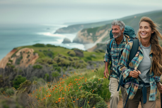 A middle-aged couple, energetically hiking on a verdant coastal path, enjoys the refreshing ocean breeze and vibrant orange wildflowers. - Powered by Adobe