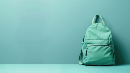 A mint green backpack leaning against a plain teal background with shadow, indicating soft lighting