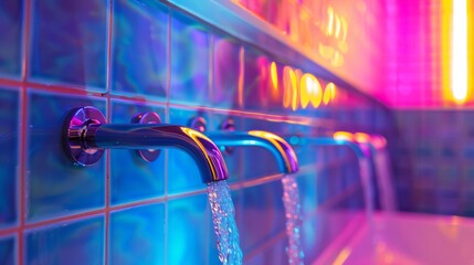 A close up of a bathroom with colorful lights and faucets, AI - obrazy, fototapety, plakaty