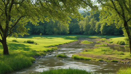 A Lush Green Landscape with a Meandering Stream