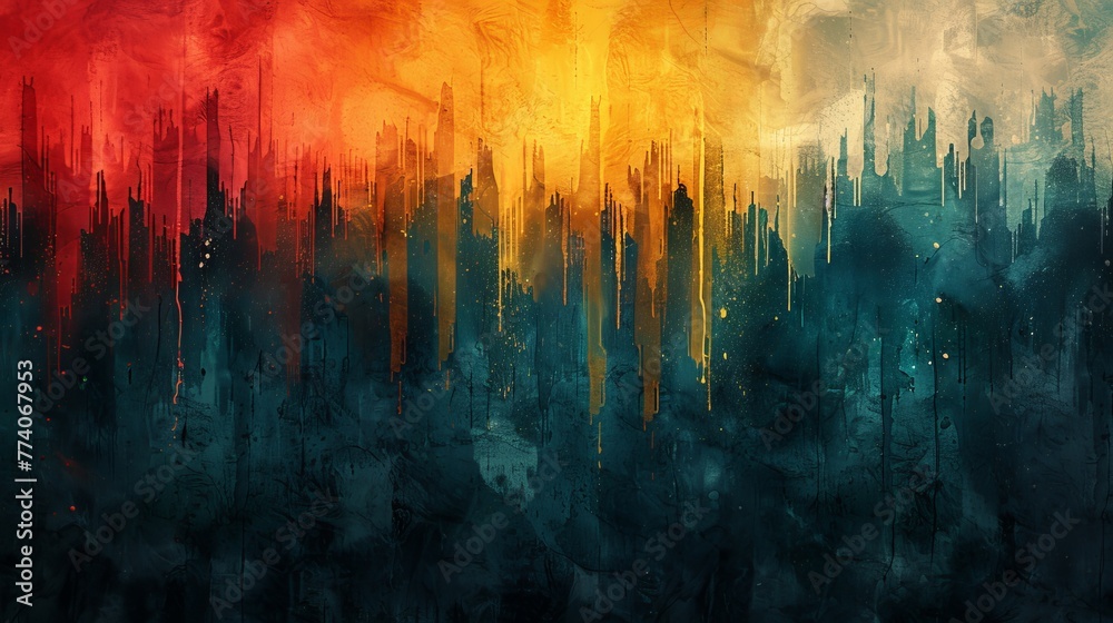 Poster multicolor stripes and teals make up this abstract art background. printed ink texture