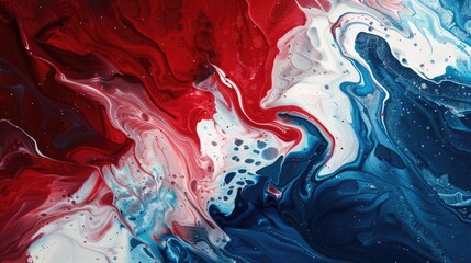 An abstract background created by mixing glittering red, white and blue paints together in a random pattern
