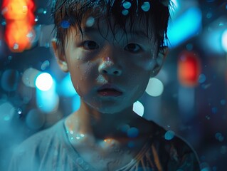 Asiatischer Junge im Regen - obrazy, fototapety, plakaty