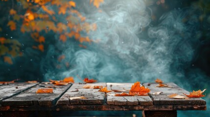 Autumn Background with Fall Leaves, Abstract Light Steam and Empty Wooden Board with Copy Space. Template Mock up for Display of Product