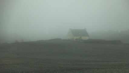 Scenic view of a small rustic house in the middle of the field covered with fog - Powered by Adobe