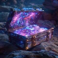 Cosmic treasure chest, alien planet surface, glowing minerals, uncharted territory, mystical