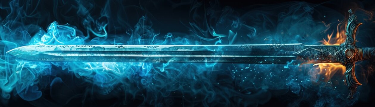 Blue flame sword, isolation on dark backdrop, ethereal fire, striking contrast, elemental power