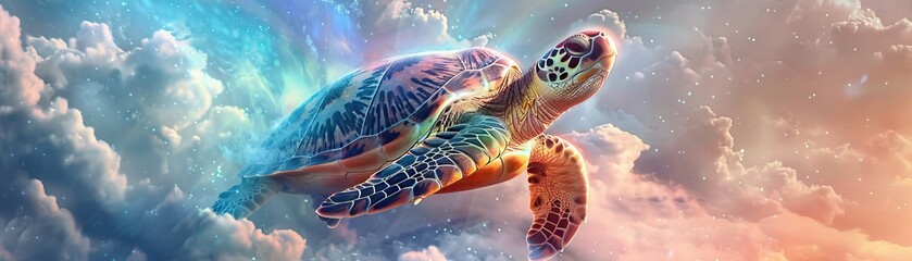 Serene Sea Turtle Gliding Through Sunlit Ocean Waters Amidst a Dreamlike Rainbow Sky in a Panoramic Ethereal Scene - obrazy, fototapety, plakaty