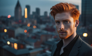 Portrait of a beautiful male red-haired model, a ginger model with a face of beauty and red hair