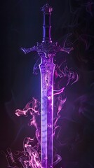 Obraz premium Majestic sword ablaze with purple fire, black background isolation, mystical allure, radiant intensity