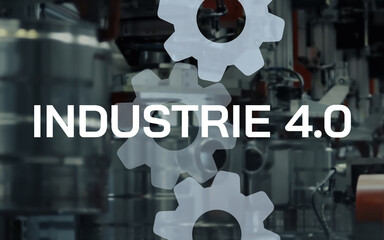 Industrie 4.0 Schriftzug - im Hintergrund Maschinen einer Produktionsanlage und grafische...