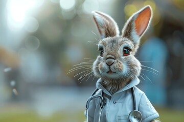 Rabbit bunny doctor, 3D model, health care setting, compassionate care, clean white uniform