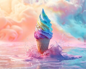 Rainbow ice cream, sea beach summer watercolor, vivid colors melting, sandy toes, blissful escape, 3D render