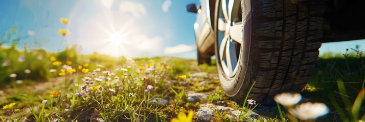 Closeup of car tire with summer nature background, spring meadow landscape with daisies and wild flowers under the sunlight, copy space concept banner for all terrain tires ad, travel trip vacation id