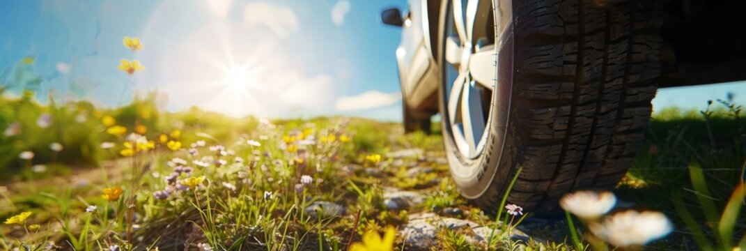 Closeup of car tire with summer nature background, spring meadow landscape with daisies and wild flowers under the sunlight, copy space concept banner for all terrain tires ad, travel trip vacation id