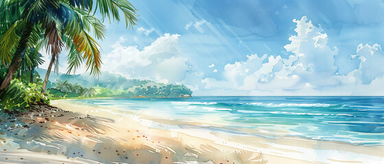 Tropical Paradise Watercolor Painting Capturing Lush Greenery and Tranquil Beach with Gentle Waves Under a Sunny Sky