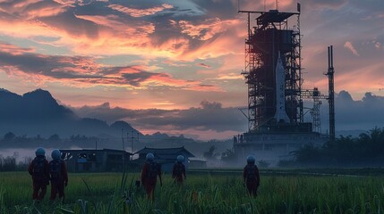 Rocket launch pad, astronaut and villagers, Bung Fai, early morning, wide lens - obrazy, fototapety, plakaty
