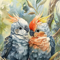 Watercolor cockatiel parrot bird family in harmony, soothing palette, nestled affection, serene backdrop, couple love
