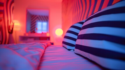A bed with striped pillows and a blue night light, AI