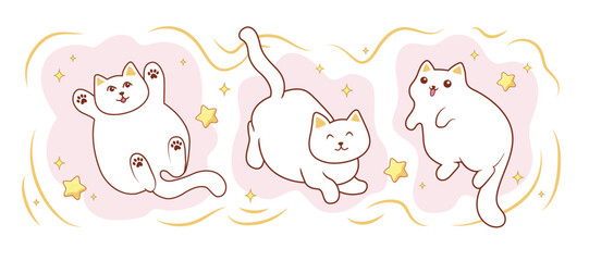 A cute set of kawaii kittens. Vector stickers with white cartoon cats and stars for girls.