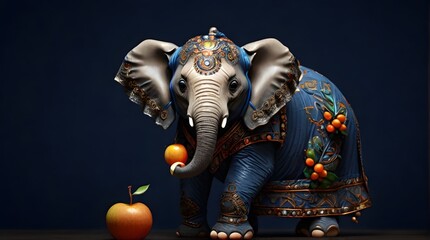 cute elephant-Blue-Eyed Pachyderm: Adorable Elephant in High-Resolution 8K, Wearing a Charming Blue Outfit, Illuminated by Studio Lights, Grasping Fresh Fruit in Trunk - Isolated on Dark Blue Backgrou