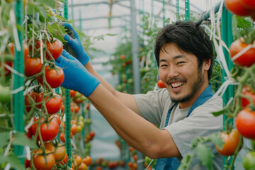 Cheerful Farmer Harvesting Fresh Tomatoes in Greenhouse