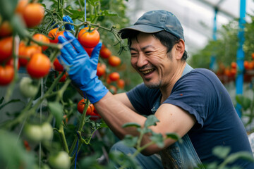 Joyful Farmer Harvesting Ripe Tomatoes in Greenhouse