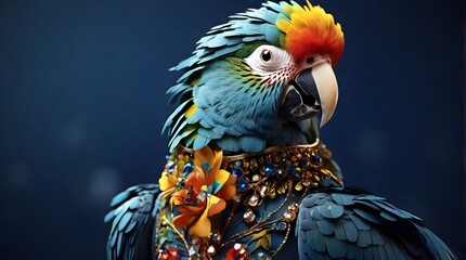 cute parrot-Radiant Plumage: Captivating Jeweled Parrot - Studio Spotlight - 8K Ultra High-Resolution Detail - Exquisite Isolation on Deep Blue Background