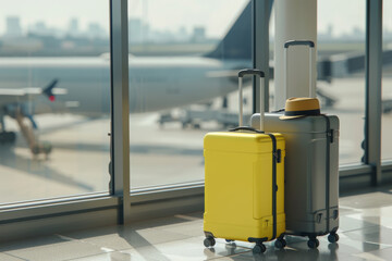 Travel Luggage at Airport Terminal with Airplane in Background