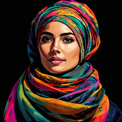 A woman wearing a colorful scarf, which is either a scarf or a head scarf, and she is posing for the picture. She is standing in front of a black background.
