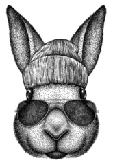 Foto op Aluminium Vintage engraving isolated rabbit glasses dressed fashion set illustration hare ink sketch. Easter bunny background jackrabbit silhouette sunglasses hipster hat art. Black and white hand draw image © Turaev
