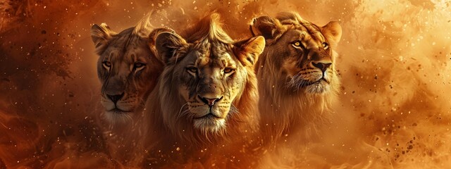 Tiger and lion close-ups in wildlife lion, animal, lioness, cat, predator, safari, mammal, feline, carnivore, big cat, portrait, zoo, leo, hunter, resting, dangerous in Savanna - obrazy, fototapety, plakaty