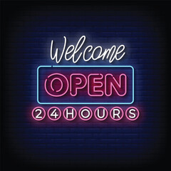 Neon Sign welcome open 24 hours with brick wall background vector