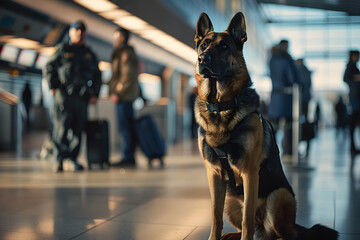 Airport security with canine unit, drug dog - obrazy, fototapety, plakaty