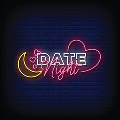 Neon Sign date night with brick wall background vector