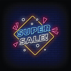Neon Sign super sale with brick wall background vector