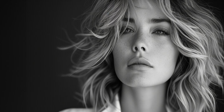 Portrait studio noir et blanc d'une femme de 40 ans romantique et glamour avec de beaux yeux et beaucoup de charme