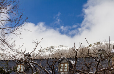 dormers of a slate roof with a snowy mountain in the background