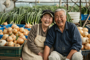 Joyful Senior Couple Smiling Among Fresh Harvested Onions