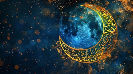 Obraz na płótnie Canvas a background with a large, crescent moon as the centerpiece Incorporate beautiful Arabic calligraphy that spells out Eid greetings or prayers around the moon