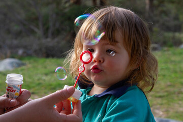 A pretty two-year-old blonde girl plays with blowing soap bubbles on a sunny day
