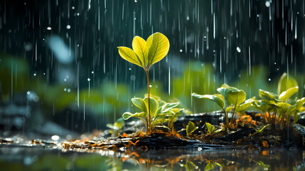 Green seedlings growing on the ground in the rain - obrazy, fototapety, plakaty