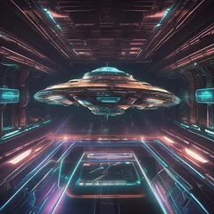 Fotobehang Technologically advanced metal alloy alien spacecraft hovering in mothership hangar with chromatic lighting illumination © Mathew