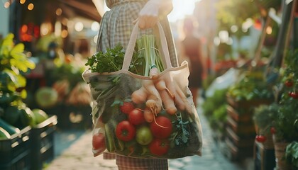 "Close-Up Shot of Person's Hand Holding Eco-Friendly Reusable Shopping Bag with Bio Vegetables at Local Farmers Market - Healthy Food Shopping, Zero Waste, Plastic Free, HD Web Color"
