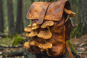 Discover the unexpected fusion of nature and fashion with this enchanting forest snapshot showcasing a stylish leather backpack embraced by wild mushrooms. Generated AI.