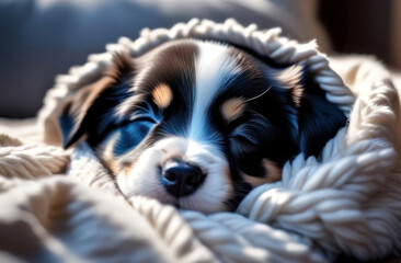 Adorable puppy snuggles in a cozy blanket for a nap, captured in a heartwarming