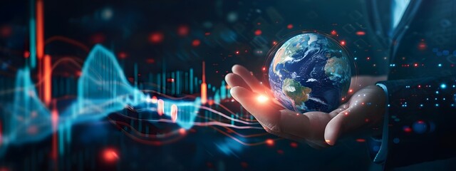 A globe and stock market graph business data on hand of business, 3d rendering illustration design