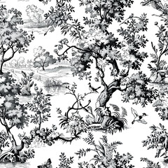 Hand Drawn Pattern With Vintage Kitchen Toile de Jouy 06