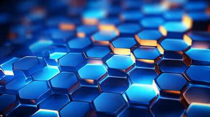 The metallic-looking hexagonal shapes are tightly fitted together to form a continuous geometric surface. The colours range from shades of blue to warmer golden hues. AI generated. - obrazy, fototapety, plakaty