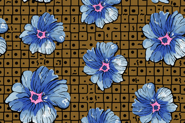 Seamless pattern of blue flowers painted on brown background.For fabric luxurious and wallpaper, vintage style.Hand drawn botanical floral colorful pattern.